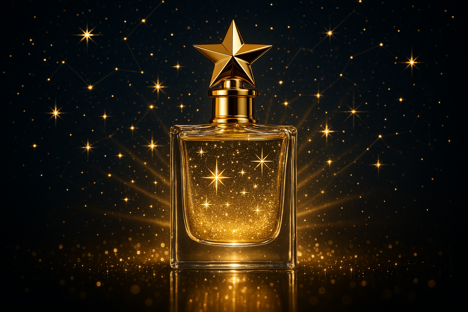 i want to generate image for perfume that's theme is golden starry so generate image according to this
