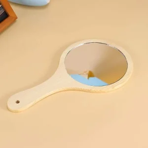 Natural Wood Hand-Held Round Mirror with Handle