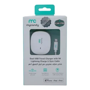 Mycandy Dual USB Travel Charger with Lighting Charge, White - 1m