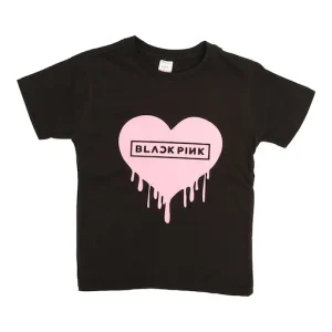 Blackpink On Heart Printed Neon Crew Neck T-shirt with Short Sleeves, Pink and Black